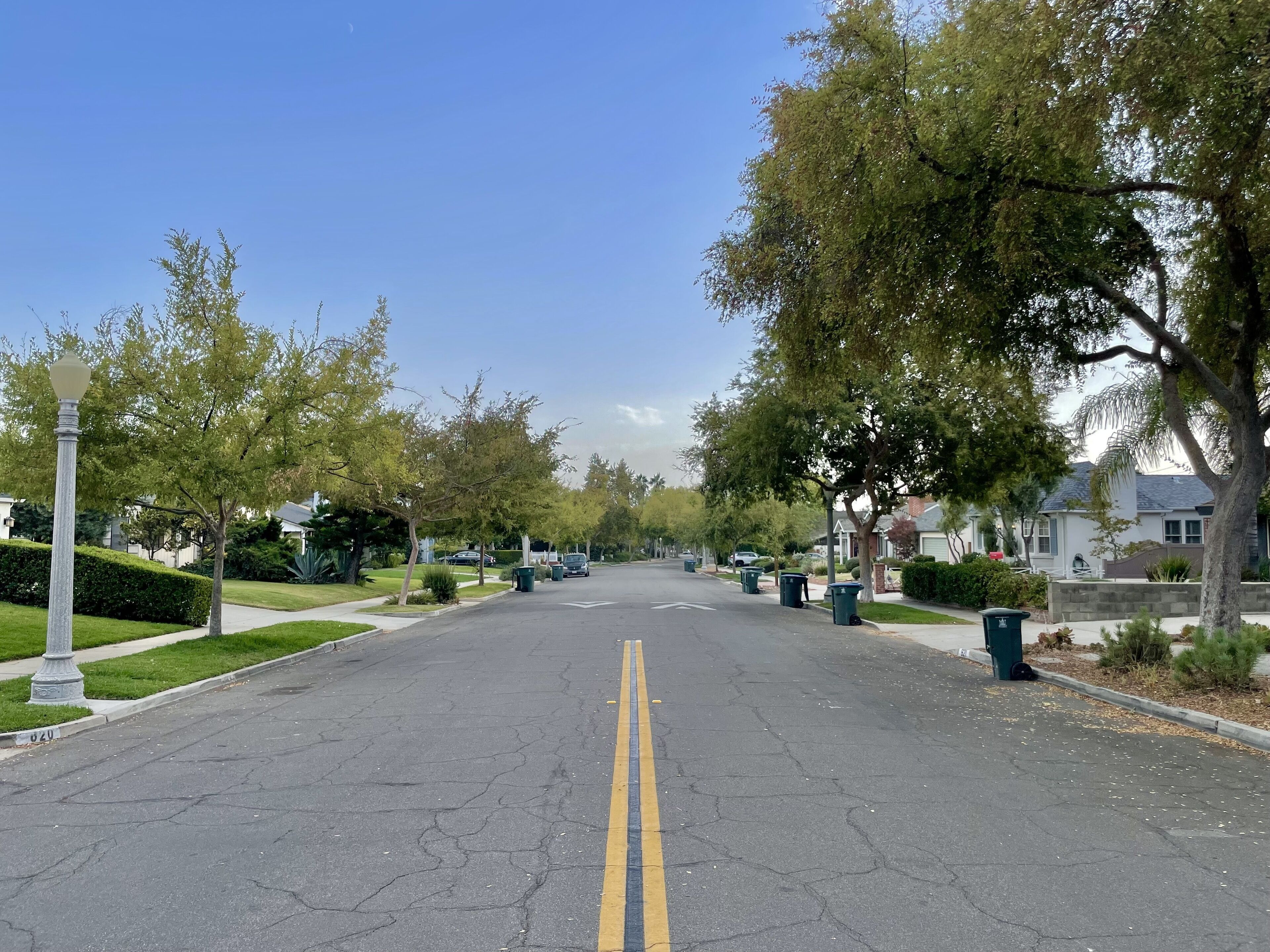 A residential street lined with trees and houses.