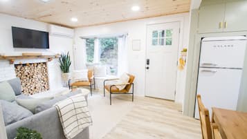 TV connectée, cheminée, livres
