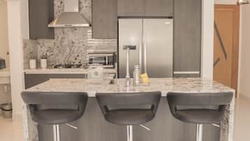 Apartment | Private kitchen | Full-size fridge, microwave, oven, stovetop