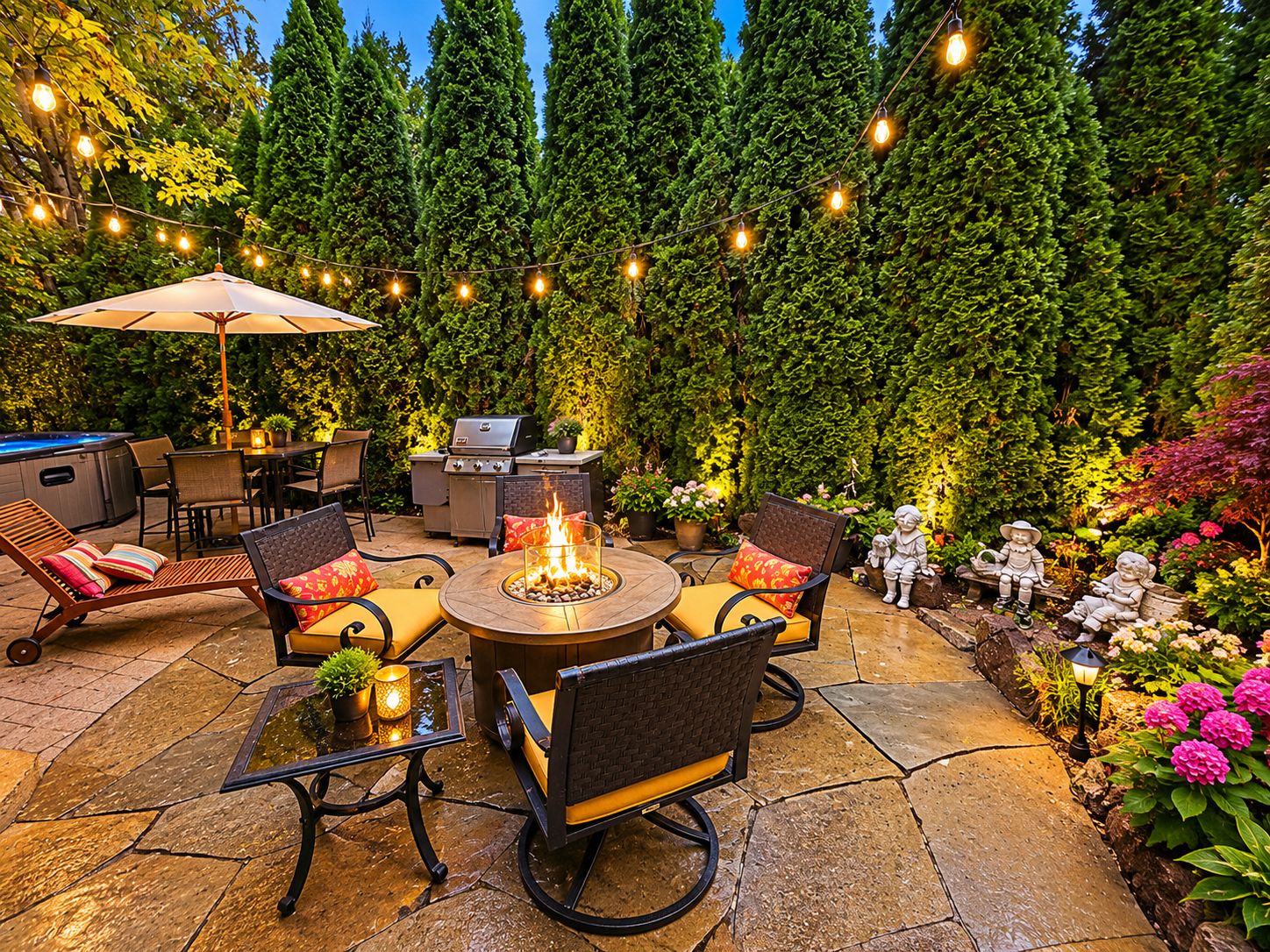 An outdoor patio with a fire pit, seating, and a grill.