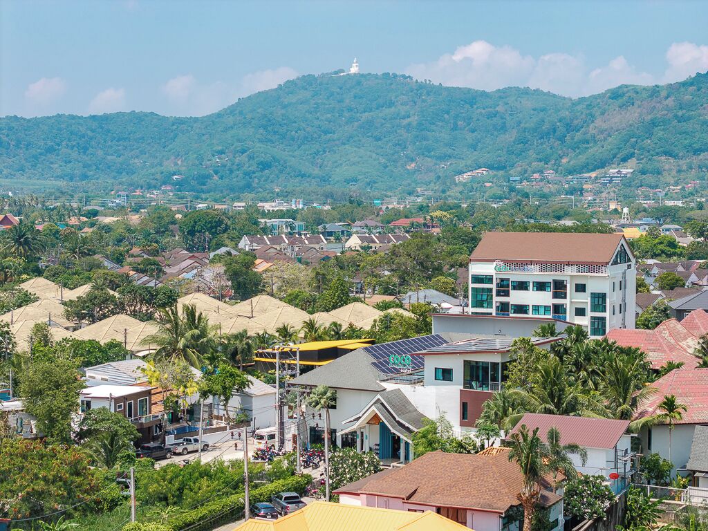 A residential area with houses, a building with solar panels, and a hill with a structure on top.
