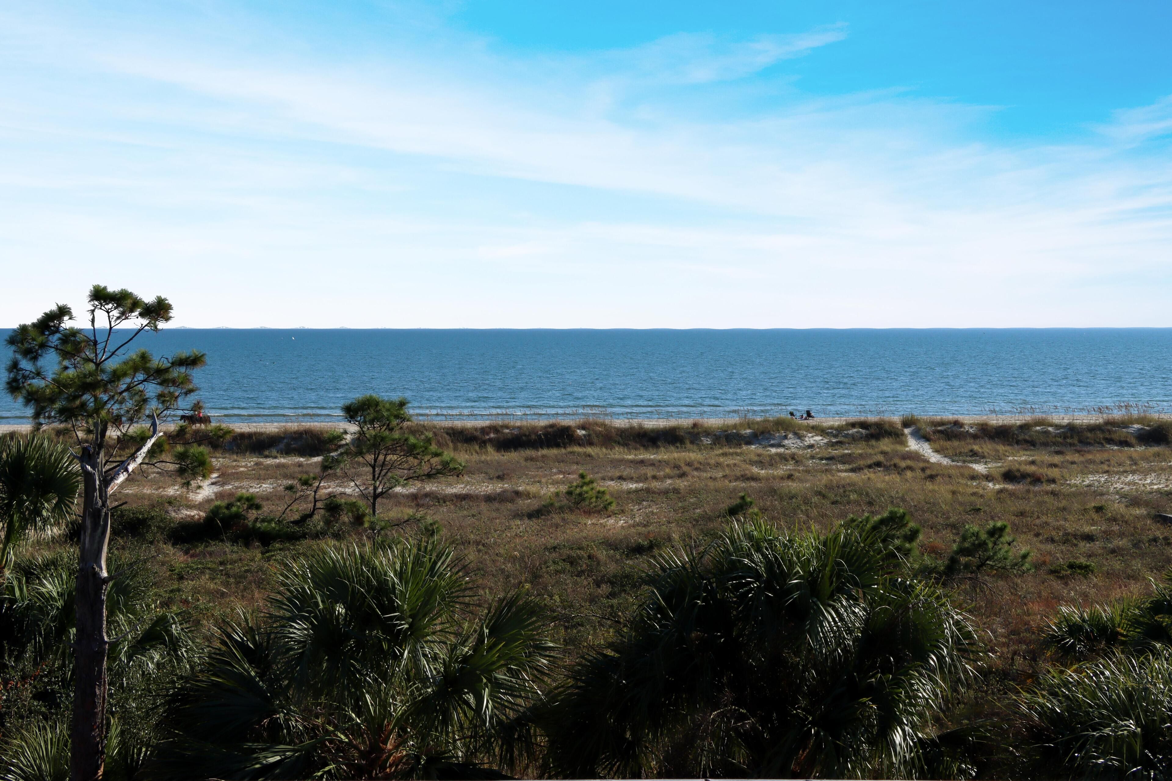 A coastal landscape with a clear sky, a beach, and a path leading to the water.