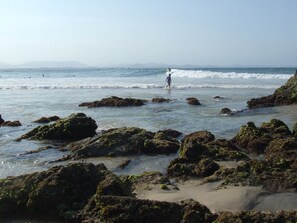 Walk along the rocky shoreline, where calm waters meet the shore.