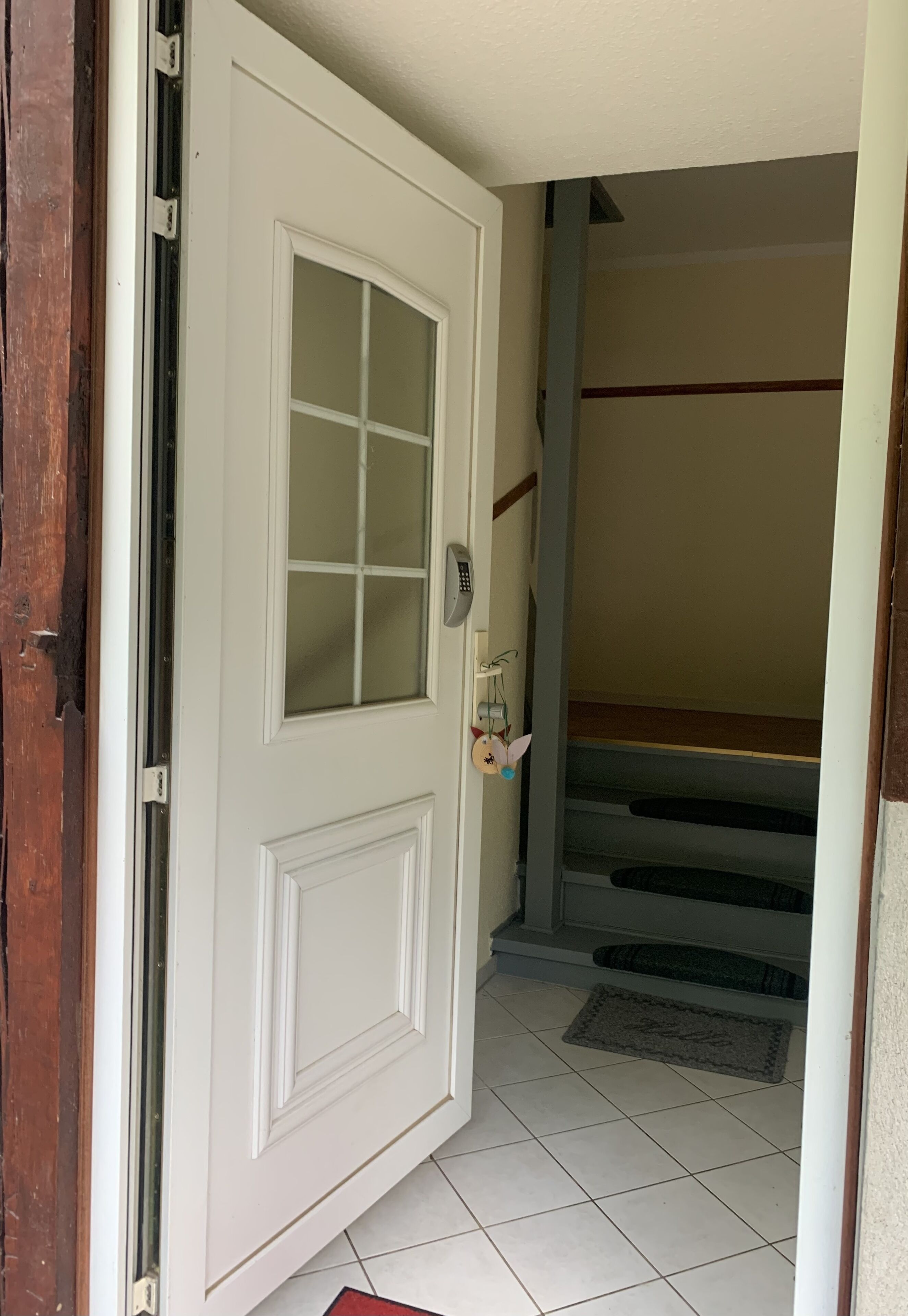 A white door with a glass panel and a keypad lock, leading to a staircase with a wooden handrail and a rug on the floor.