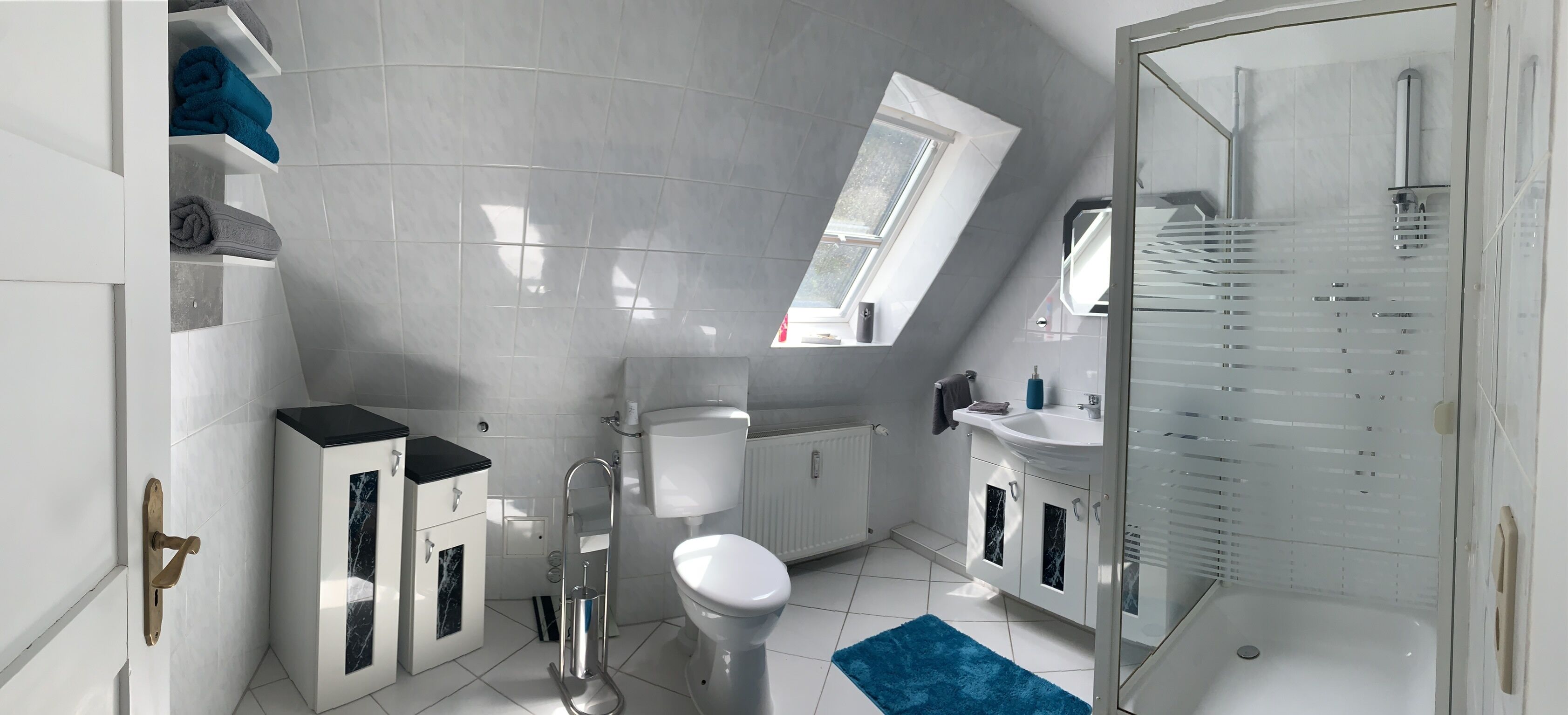 A modern bathroom with a skylight, a shower, and a toilet.