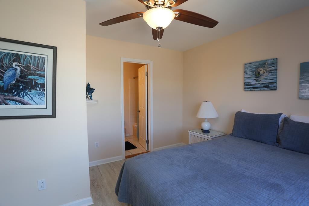 A bedroom with a bed, a ceiling fan, a nightstand with a lamp, and artwork on the walls.