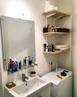 Shower, towels, toilet paper