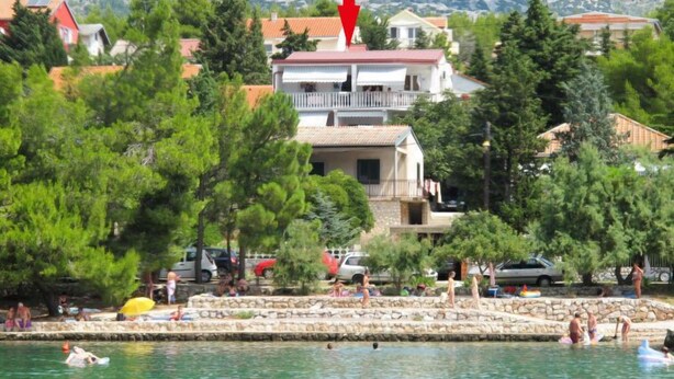 Une zone côtière avec une jetée en pierre, des gens qui se baignent et prennent des bains de soleil, et des bâtiments dotés de balcons donnant sur la mer.