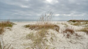 A sandy beach with dunes and sparse vegetation.