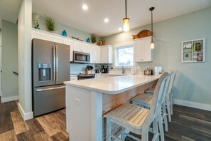 Fridge, microwave, oven, stovetop - Book a Holiday Stay! Gulf Front! Dog-Friendly! Private Pool! Boardwalk to Beach! (Cape San Blas)