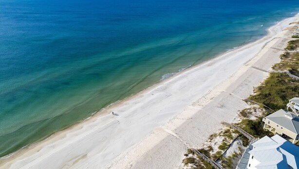Luchtbeeld van een strand met helder water en een zandstrand.