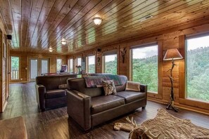 Flatscreentelevisie, een open haard en boeken