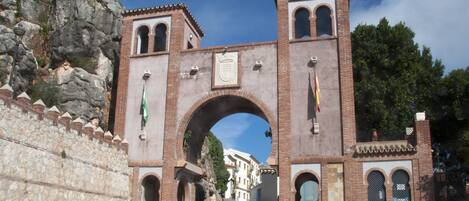 A historic stone archway with a flag, leading to a street with buildings.
