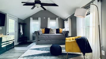 TV connectée, cheminée, livres