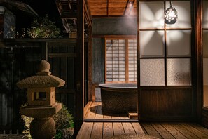 Main Building 104, Semi-open-air Bath, Non Smoking | Bathroom | Separate tub and shower, deep soaking tub, designer toiletries - BYAKU Narai (Shiojiri)