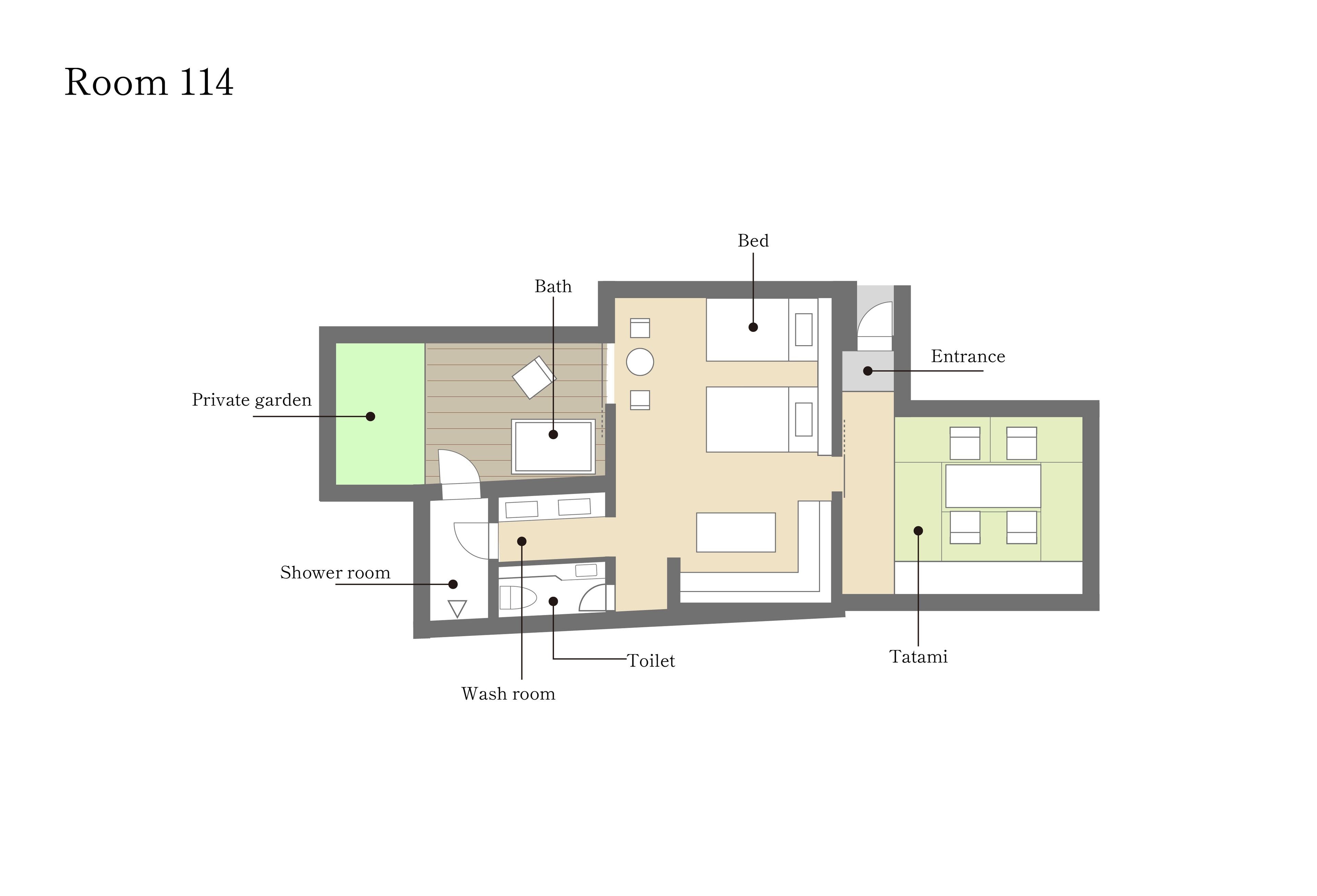 A floor plan of Room 114 with a private garden, shower room, toilet, wash room, bed, bath, entrance, and tatami.