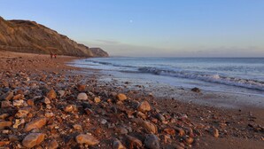 Una spiaggia con ciottoli e un terreno roccioso, sotto un cielo sereno.