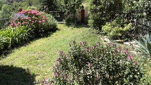 En have med forskellige planter og blomster, en sti og en bygning i baggrunden.