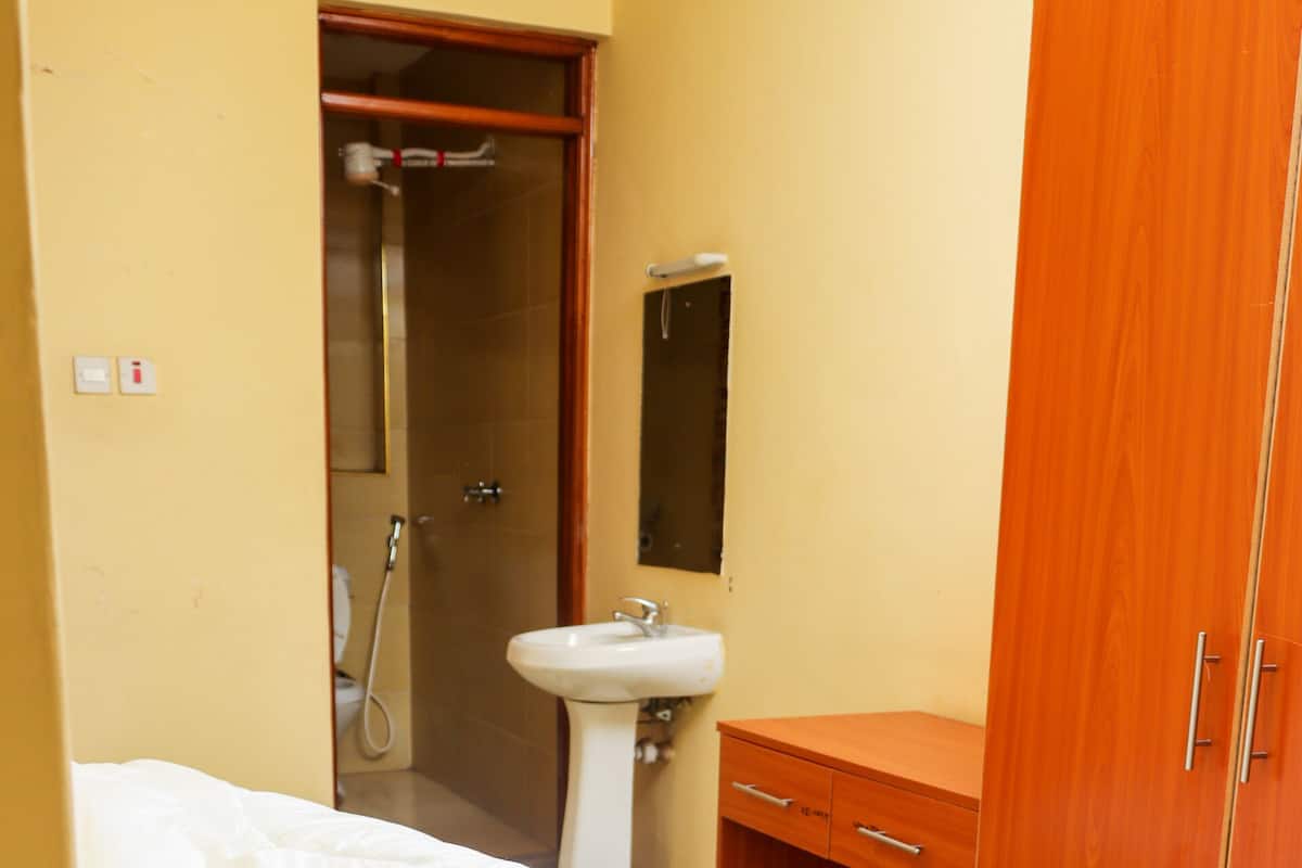 A small hotel room with two single beds, a wooden wardrobe, a bathroom with a sink and mirror, and a shower.