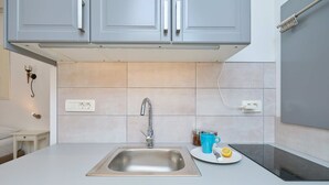 A modern kitchen with grey cabinets, a stainless steel sink, and a built-in stove. - Studio Nikol (Dubrovnik)