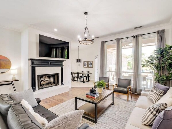 TV, fireplace, table football, stereo