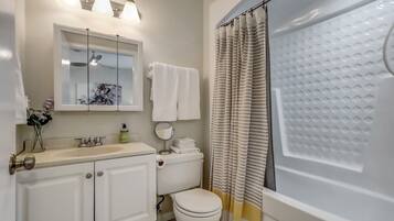 Combined shower/bathtub, hair dryer, towels, soap