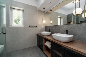 Shower, hair dryer, towels