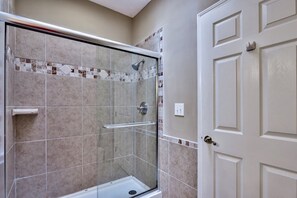 Shower, towels, soap, toilet paper