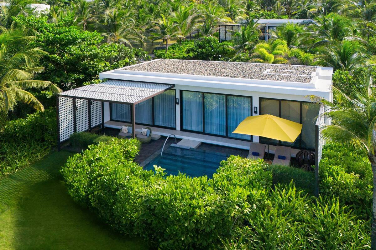 A modern house with a pool, surrounded by lush greenery and palm trees.