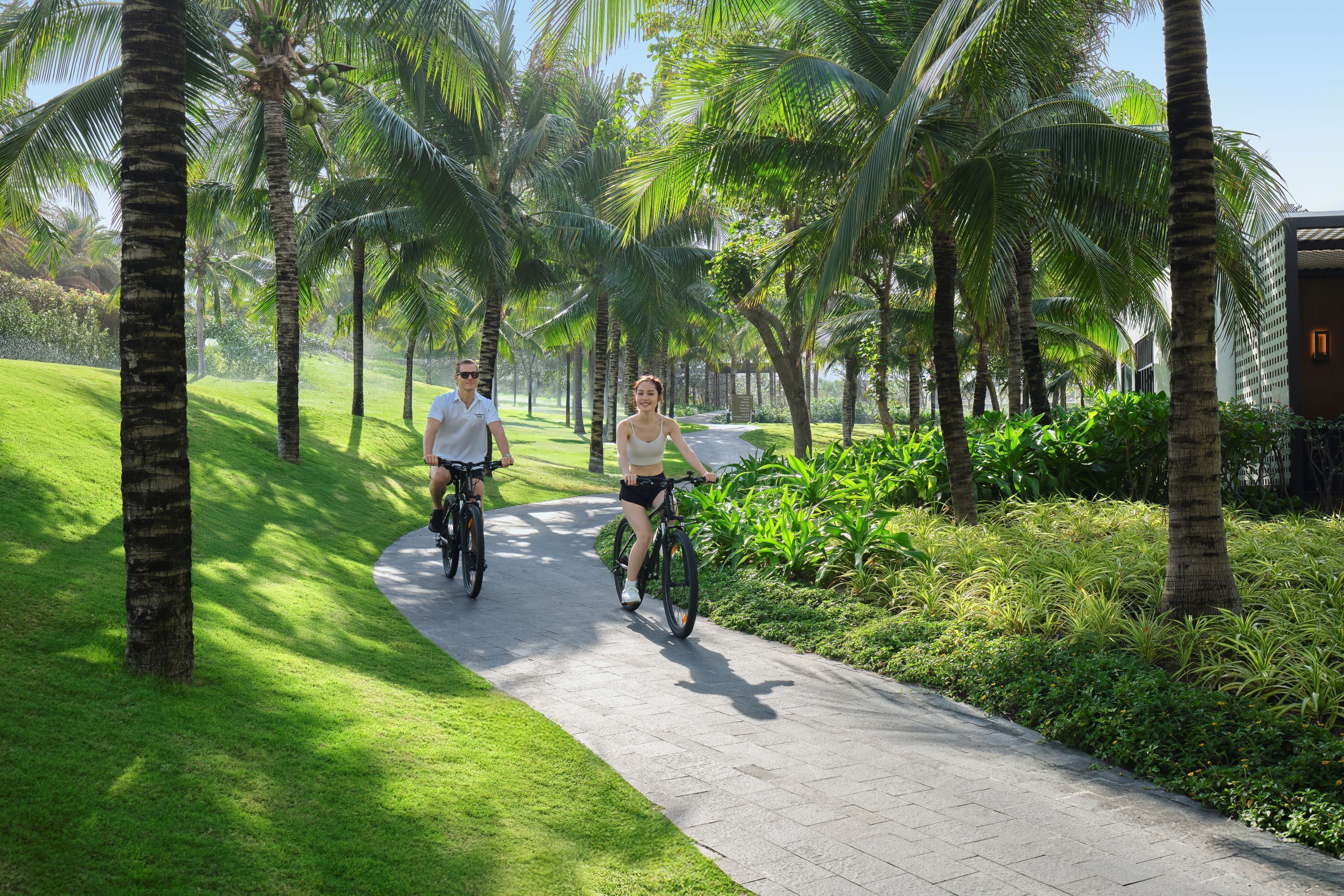Un chemin pavé, bordé de palmiers et de verdure, mène à un bâtiment au design moderne.