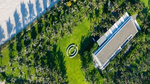 Vista aérea de una playa con una hilera de palmeras, una orilla arenosa y un edificio con techo azul.