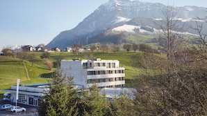 Un bâtiment moderne doté d’un toit plat, entouré de verdure et avec une montagne en arrière-plan.