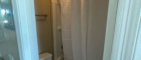 A bathroom with a toilet, bathtub, and shower curtain.
