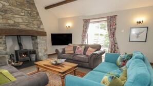 A cozy living room with a stone fireplace, a television, and a large window with floral curtains. - Orsedd Wen Cottage (Llanrwst)