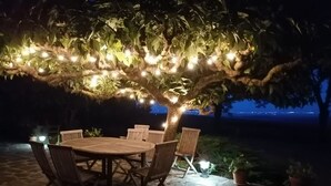 An outdoor dining area with a stone floor, wooden table, and chairs, under a tree with string lights. - Domaine de La Calm: In a nature park with breathtaking views of the Pyrenees (Villardonnel)