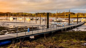 A pier with boats docked, a bridge, and a calm water body with a cloudy sky.