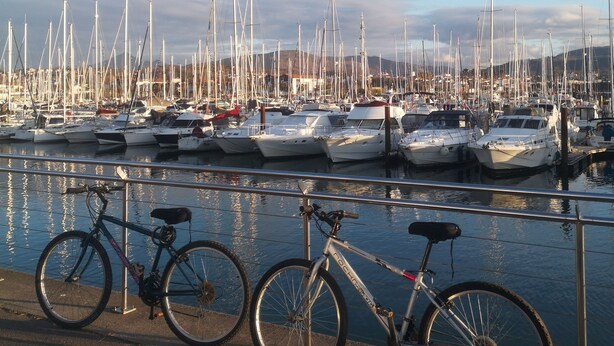 Un puerto deportivo con varias embarcaciones amarradas, una bicicleta estacionada cerca de la barandilla y un cielo despejado al fondo.