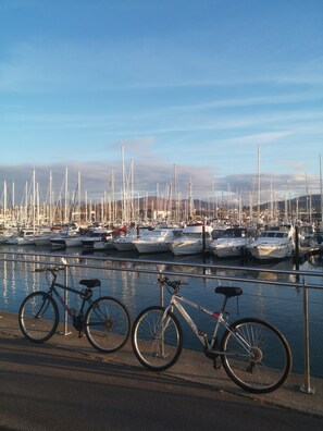 A marina with multiple boats docked, a bicycle parked by the railing, and a clear sky in the background.