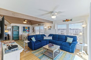 Smart TV, fireplace, DVD player, books