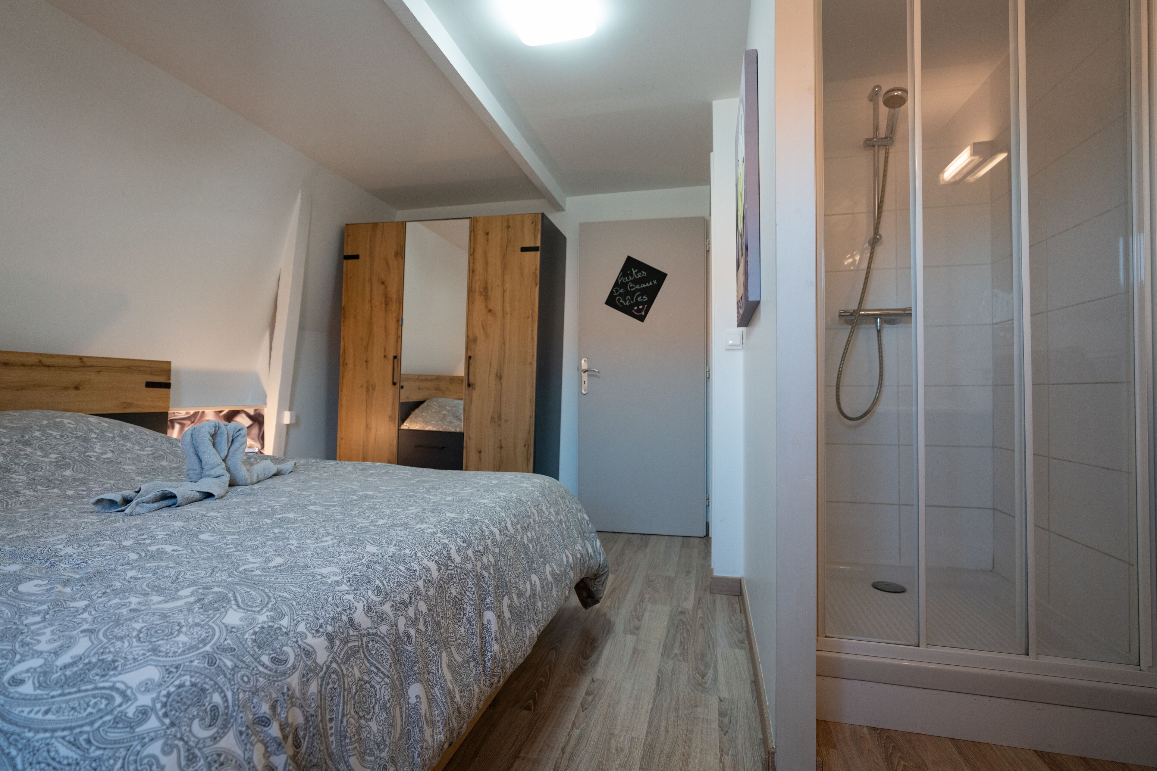 A bedroom with a bed, a wooden wardrobe, a shower area, and a mirror.