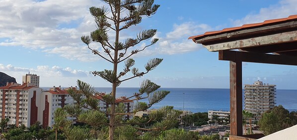A coastal view with a pine tree in the foreground, a wooden pergola, and buildings in the background. - Los Cristianos Penthouse.Sea/Mountain Views.Heated Pool. Wi Fi (Los Cristianos)