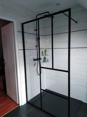 Regadera, secadora de cabello, toallas, jabón 