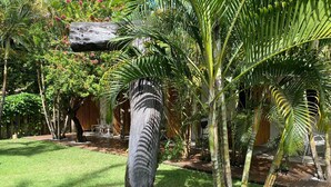 A tropical garden with a wooden bench, palm trees, and a stone structure. - Pousada Sol Nascente Caraíva (Porto Seguro)
