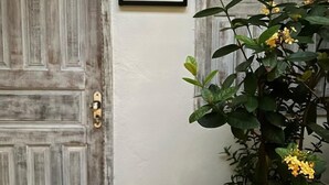 A door with a brass handle, a framed botanical illustration, and a plant with yellow flowers and green leaves. - Pousada Sol Nascente Caraíva (Porto Seguro)