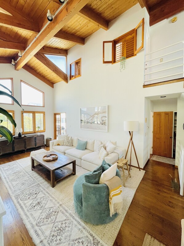 Smart TV, fireplace, books, music library