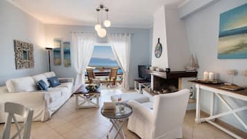 Smart TV, fireplace, DVD player, books