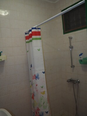 Chuveiro, toalhas de banho, papel higiênico 