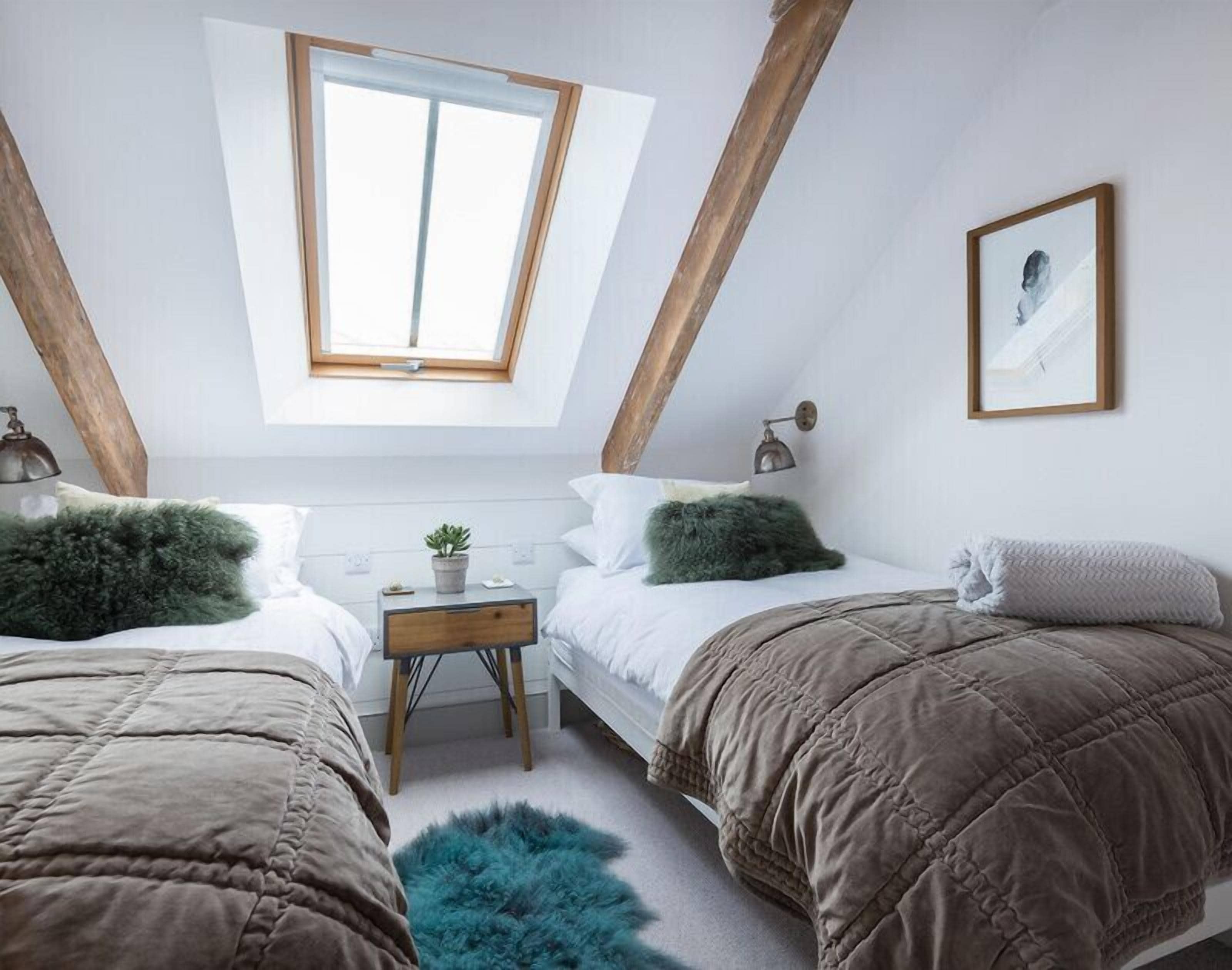 A bedroom with two beds, a skylight, a small table with a plant, and a framed picture on the wall.