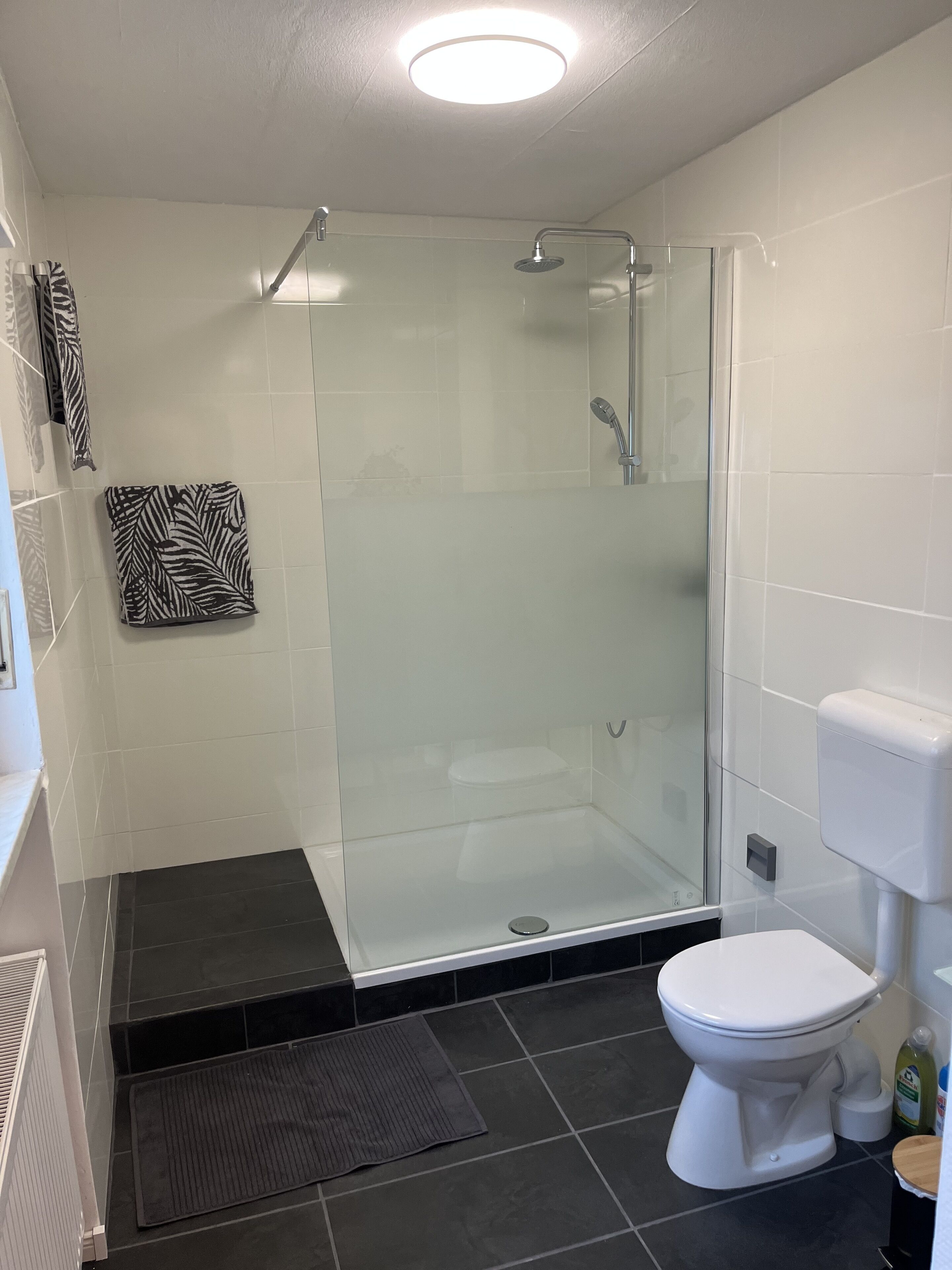 Un baño moderno con cabina de ducha de vidrio, inodoro blanco y felpudo negro.