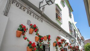 A building facade with the sign "POZO DE CUETO" and multiple terracotta pots with red flowers. - Vitium Cordoba (Córdoba)